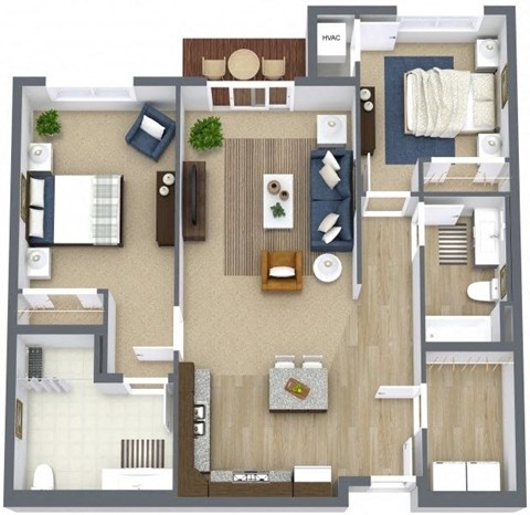 Floor plan for 2 beds, 2 baths, 1050 sqft